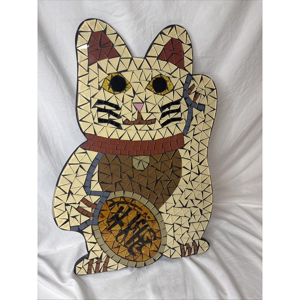 Artisan Made Mosaic Lucky Waving Cat Gold Coin Asian Japan Wall Hang 20" EB D/C